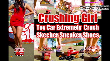 Girl  crushtoy toycar, skecher, toys crushing, plastic car, jumps , smash car, trampling